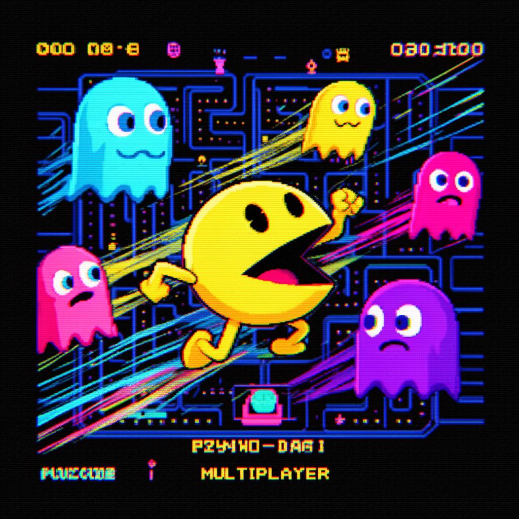 Pac vs Ghosts retro arcade key art with pixel character and ghosts